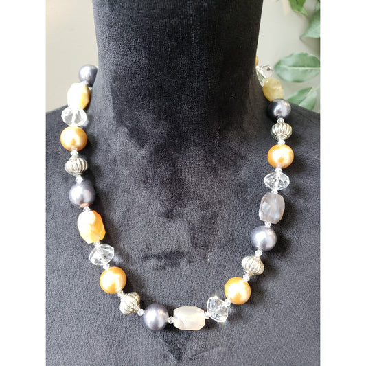 Women's Mixed Bead Necklace Gold Gray Clear Statement Lobster Clasp Chunky Boho