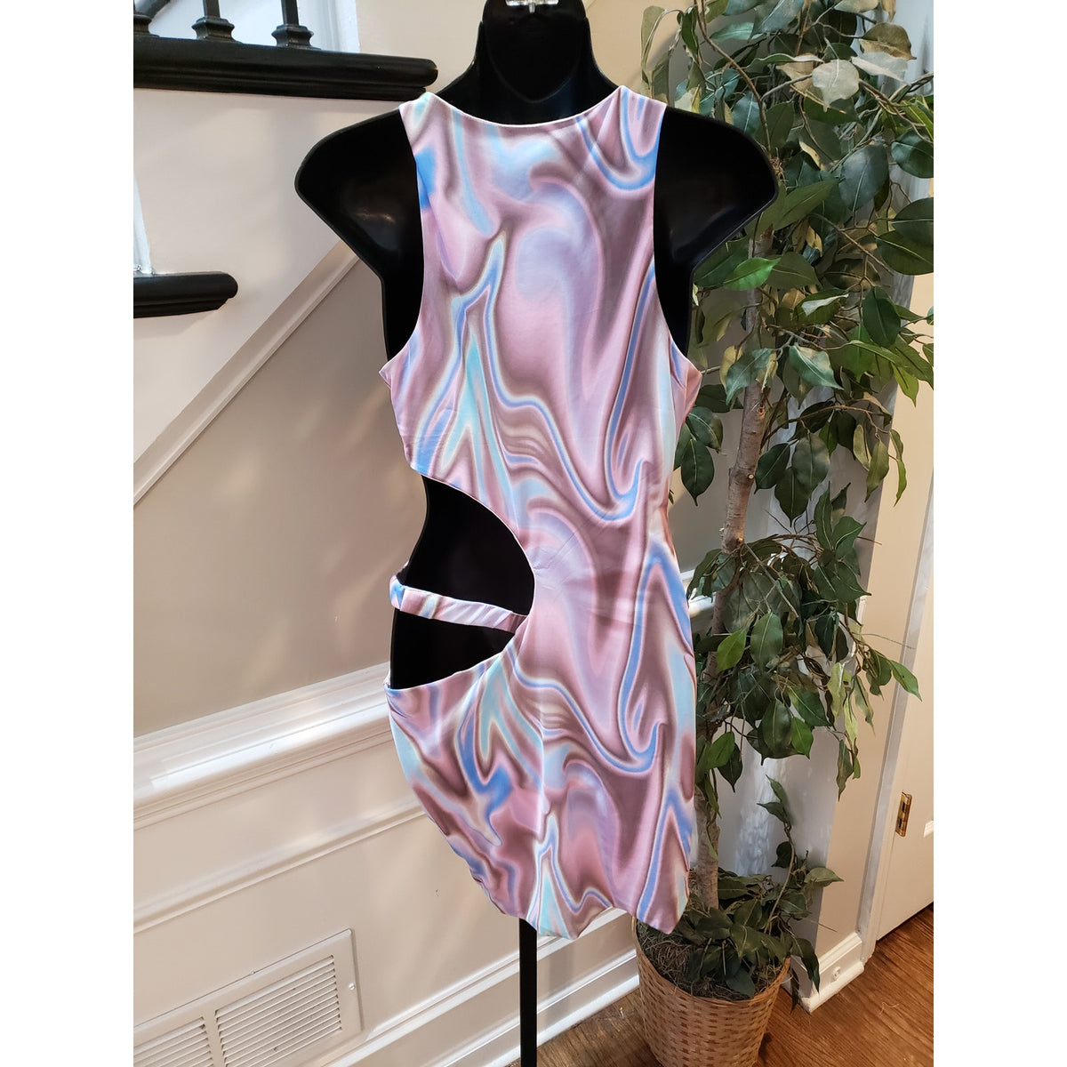 Tic Toc Dress Women Large Pink Multicolor Swirl Cutout Bodycon Sleeveless