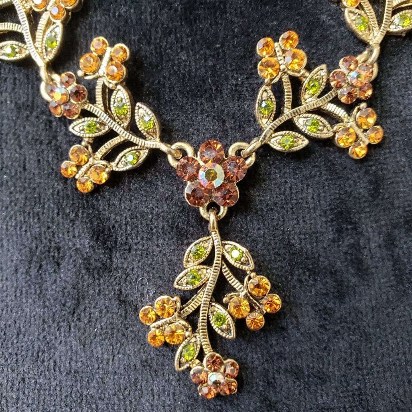 Vintage Yellow & Brown Crystal Leaf Flower Pendant Necklace with Lobster Clasp