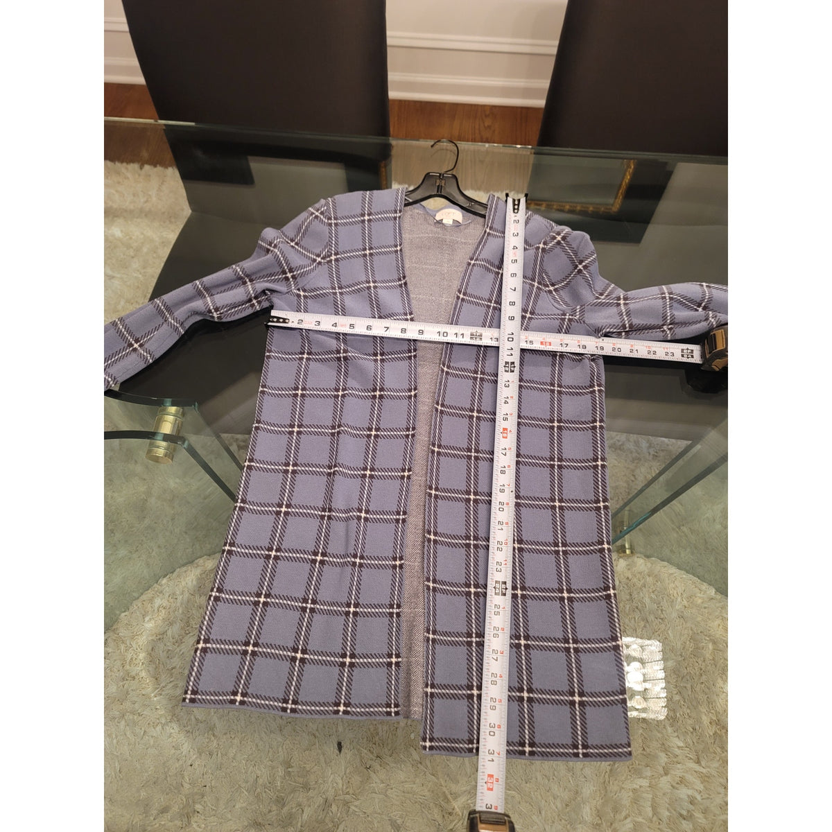 Loft Cardigan Sweater Women's Medium Blue Windowpane Plaid Longline Open Front