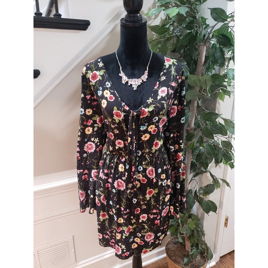 Xhilaration Women's Black 100% Rayon V-Neck Long Sleeve Knee Length Dress XXL