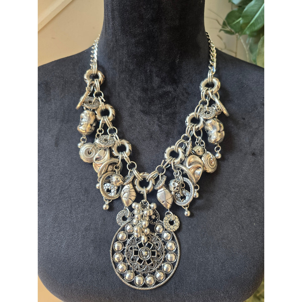 Antique Silver Tone Boho Medallion Charm Statement Necklace Beaded Pendant
