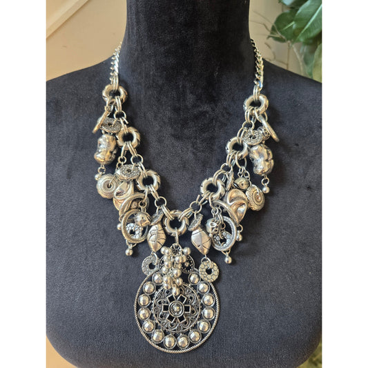 Antique Silver Tone Boho Medallion Charm Statement Necklace Beaded Pendant
