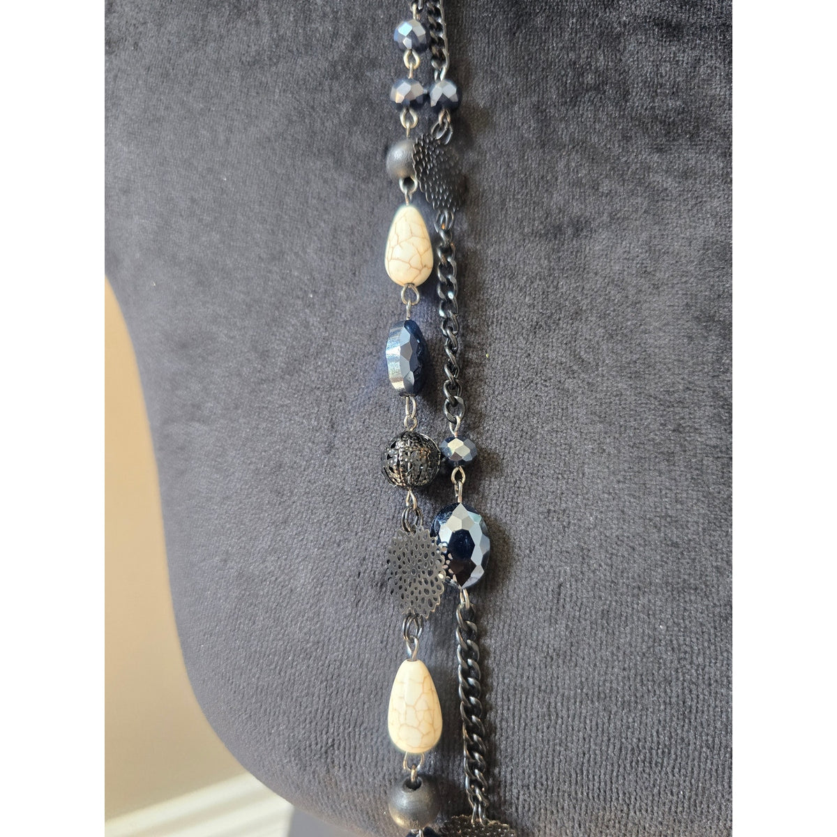Bocar Black Cream Multi Strand Beaded Long Statement Necklace