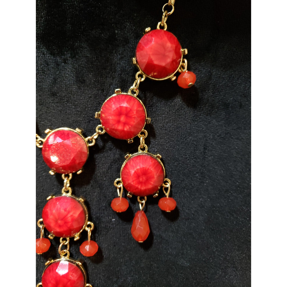 Womens Gold Tone Faceted Red Beads Chandelier Necklace with Lobster Clasp