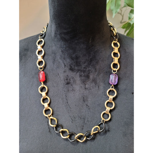 Women's Gold and Black Link Necklace with Purple and Red Crystal Embellishments