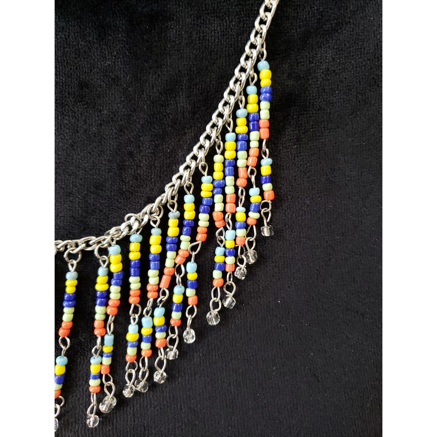 Womens Silver Tone Multi-color Seed Beads Fringed Statement Necklace Jewelry