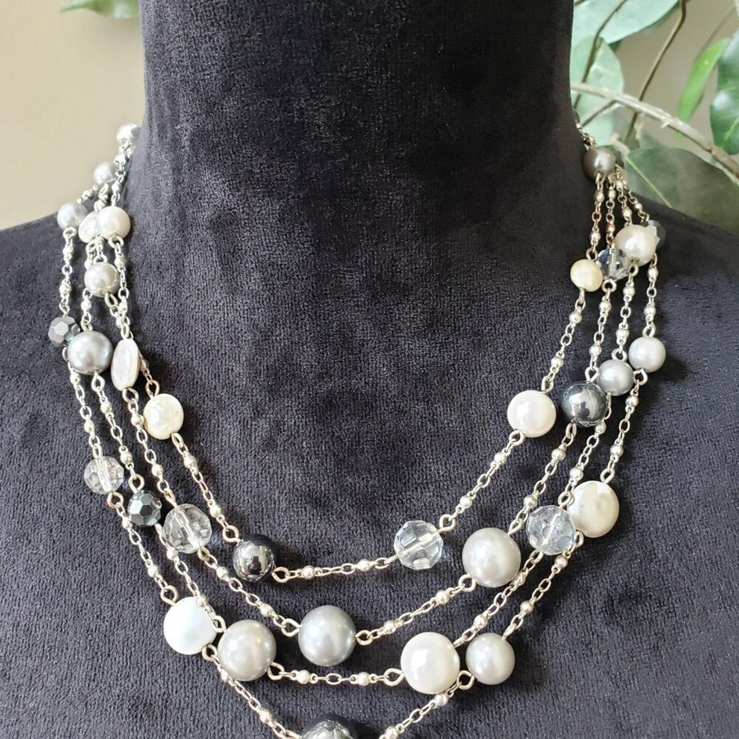 Women 4 Strand Silver Tone Silver Balls Faceted Smokey Bead Cable Chain Necklace
