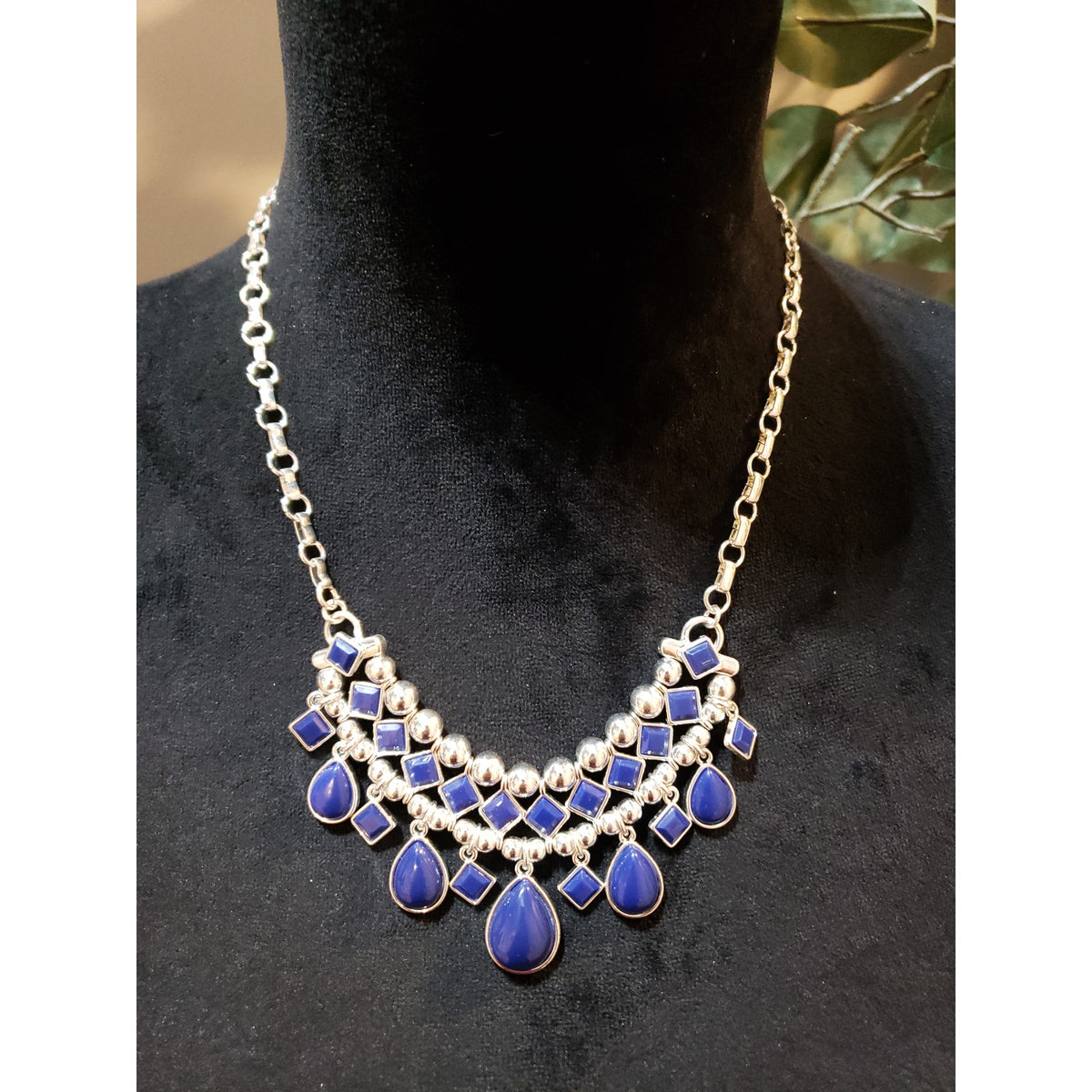 Women Silver Tone Blue Teardrop Square Bead Layered Statement Necklace Jewelry
