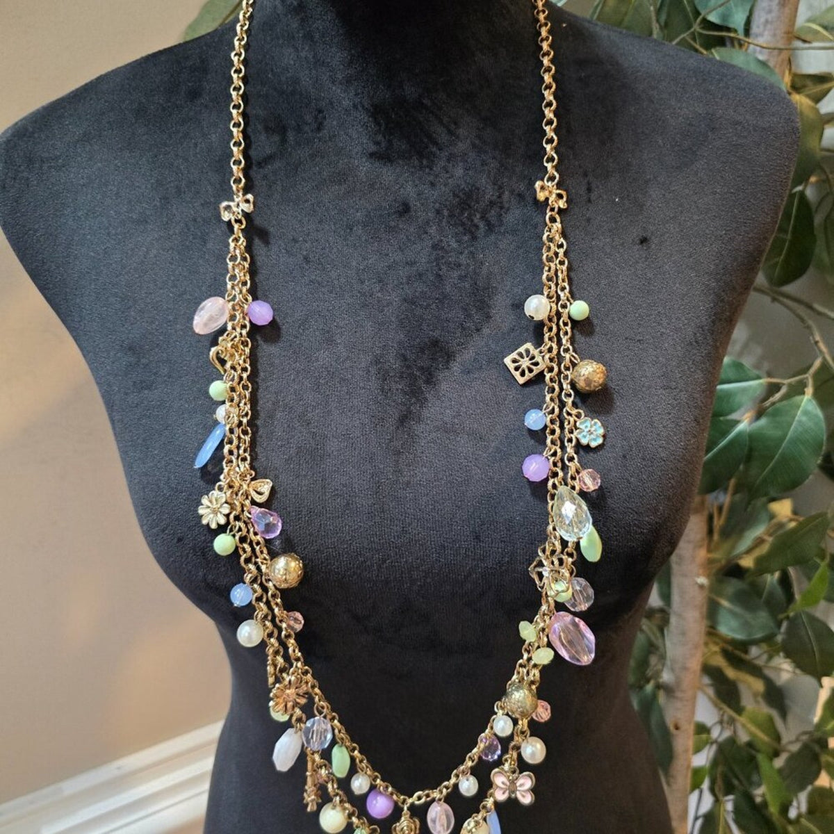 Womens Multicolor Multiple Beaded Charm 2 Layered Necklace with Lobster Clasp