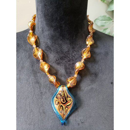 Women's Gold Glass Bead Necklace with Blue Pendant Elegant Design 80CM