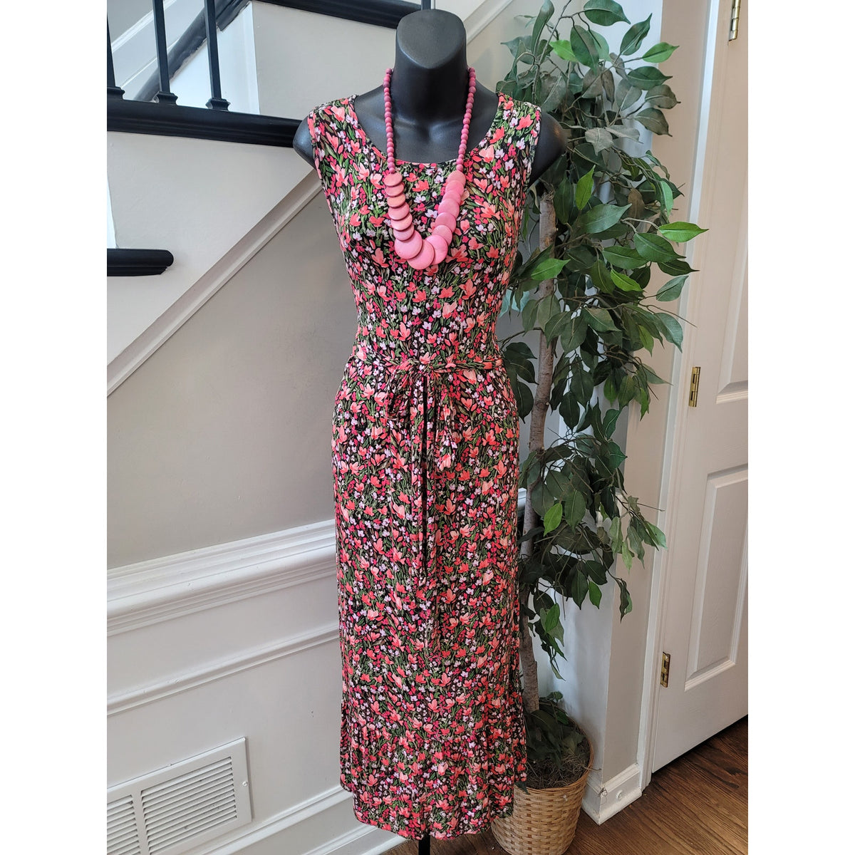 Terra & Sky Maxi Dress Women 1X Black Pink Stretch Floral Tie Waist Ruffle Hem