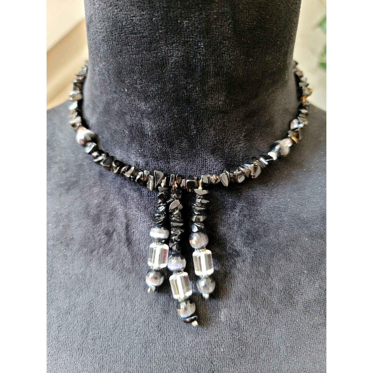 Black Stone Beaded Choker Necklace with Crystal Tassel Fringe Gothic Boho
