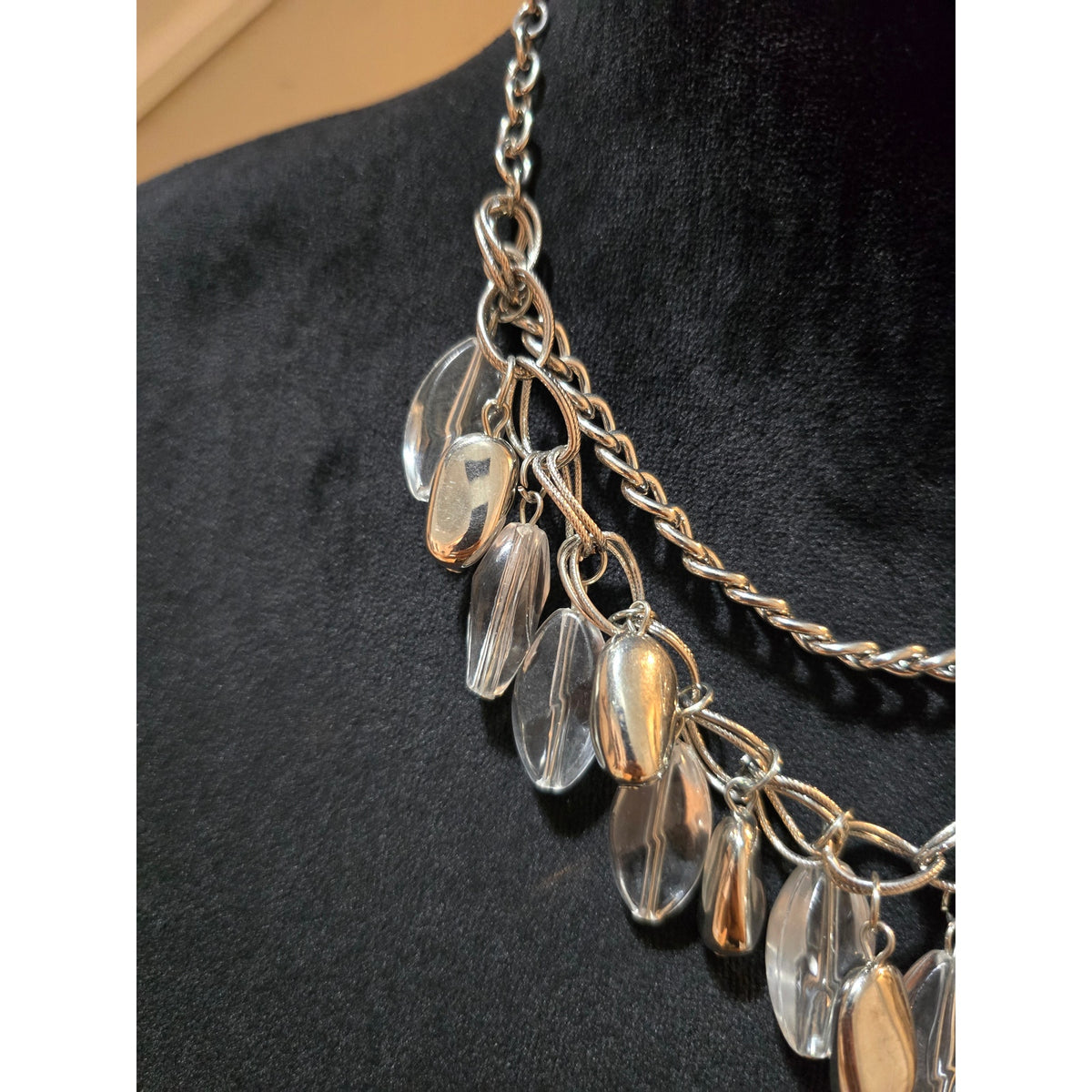Women's Silver Tone Chain Necklace Clear Acrylic Drop Dangle Adjustable Clasp