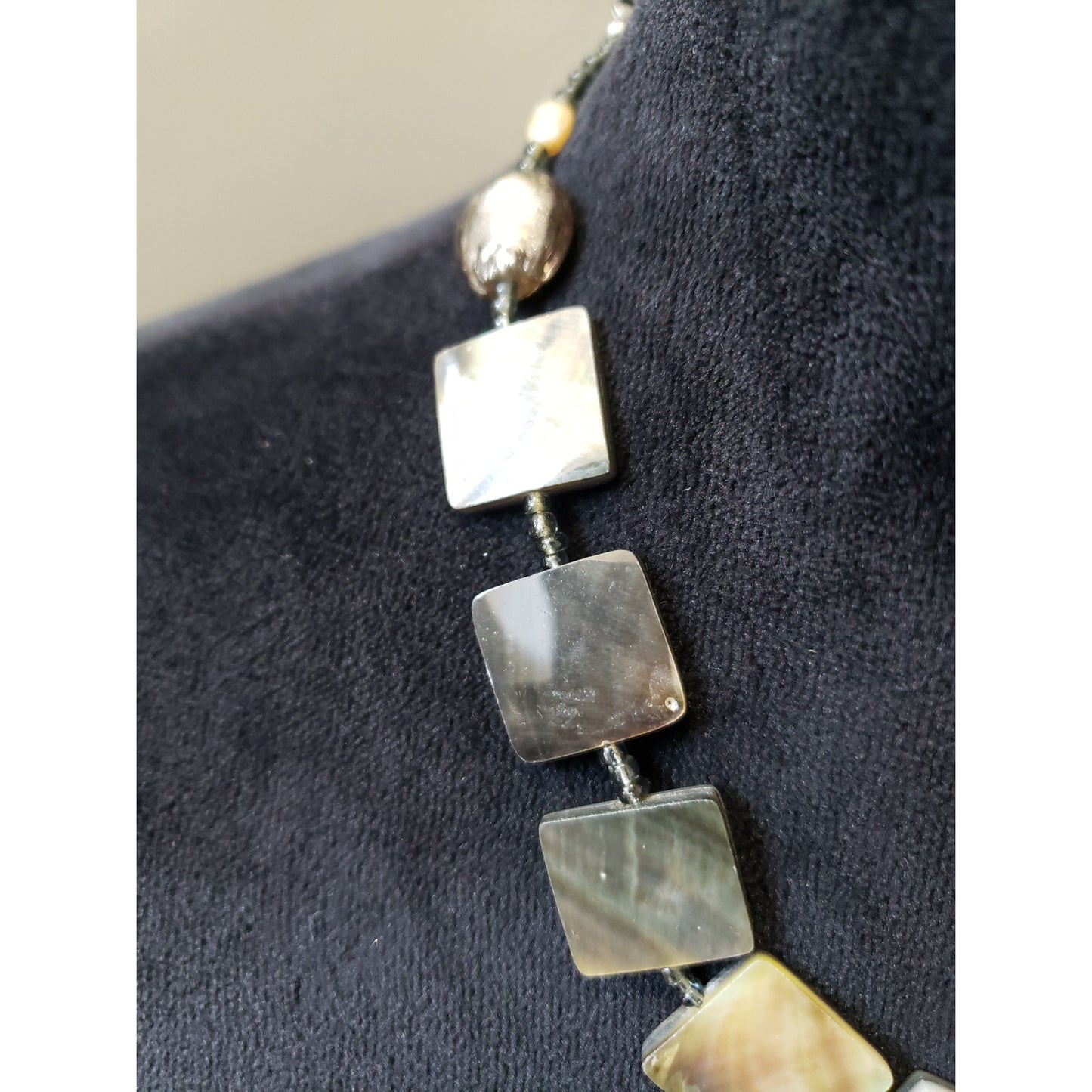 Women Mother of Pearl Shell Tile Beaded Necklace Square Iridescent Natural Tones