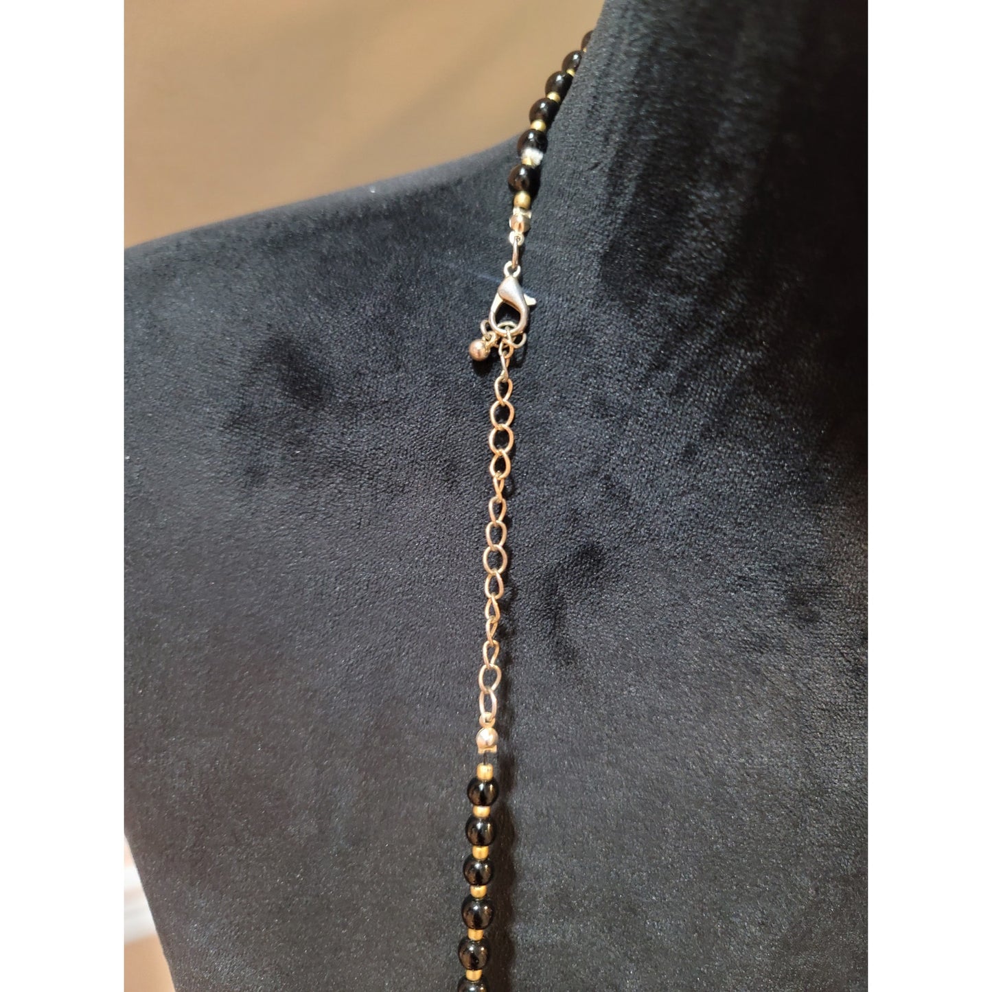 Women's Black Beaded Necklace With Gold Accents Tassel Pendant Lobster Clasp