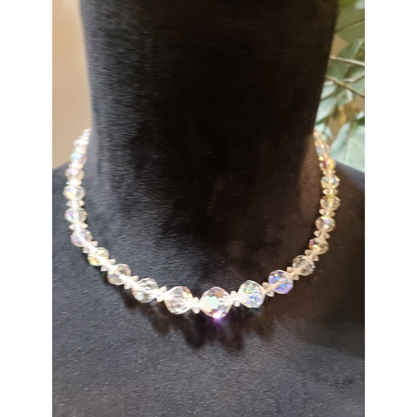 Womens Clear Aurora Borealis Graduated Chain Necklace with Spring Ring Clasp