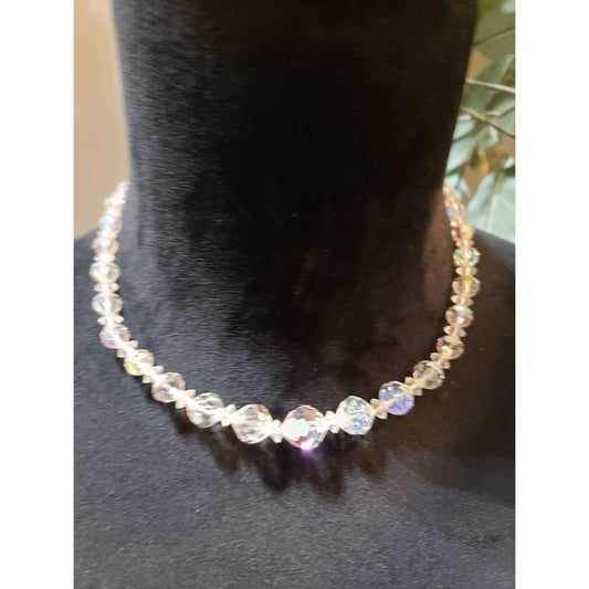 Womens Clear Aurora Borealis Graduated Chain Necklace with Spring Ring Clasp