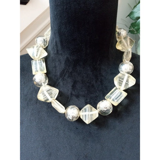 Clear Lucite Geometric Beaded Necklace Silver Tone Chunky Statement Necklace