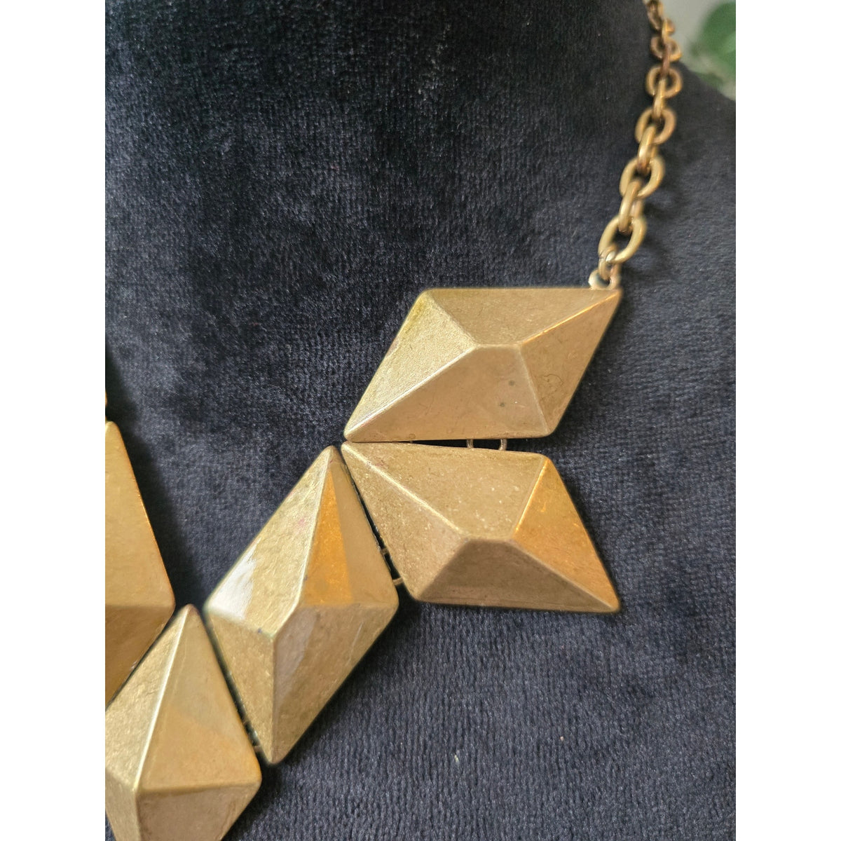 Gold Tone Chunky Geometric Faceted Triangle Chevron Bib Necklace
