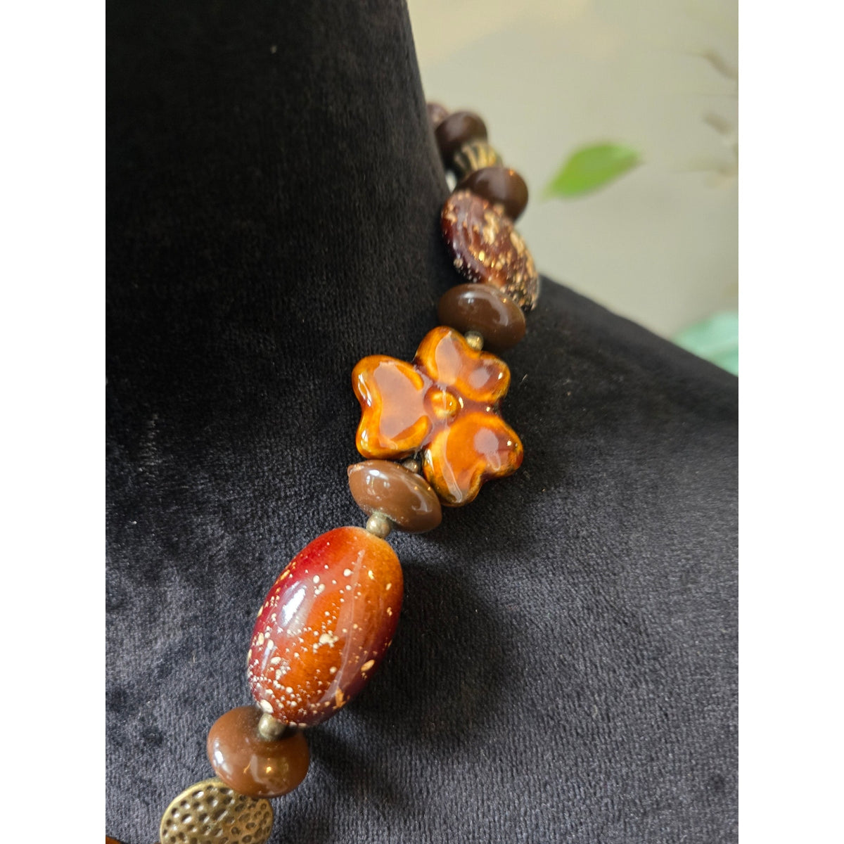 Amber Orange Brown Chunky Organic Style Mixed Beaded Boho Necklace
