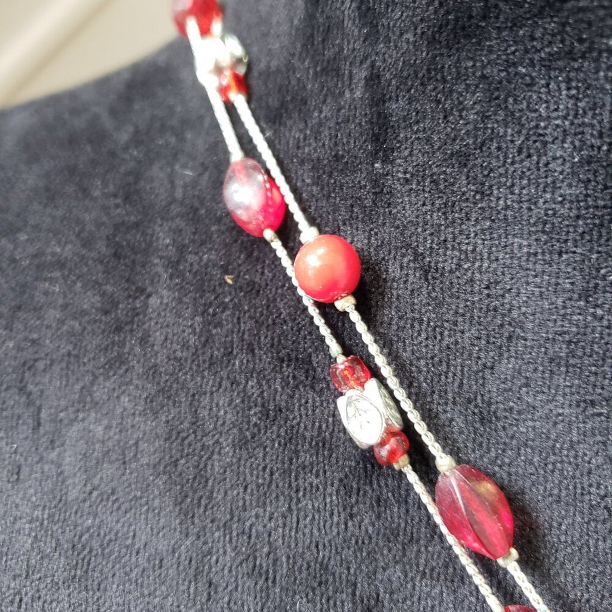 Womens Fashion Red Resin Stone Pearl Beaded Necklace Jewelry with Lobster Clasp