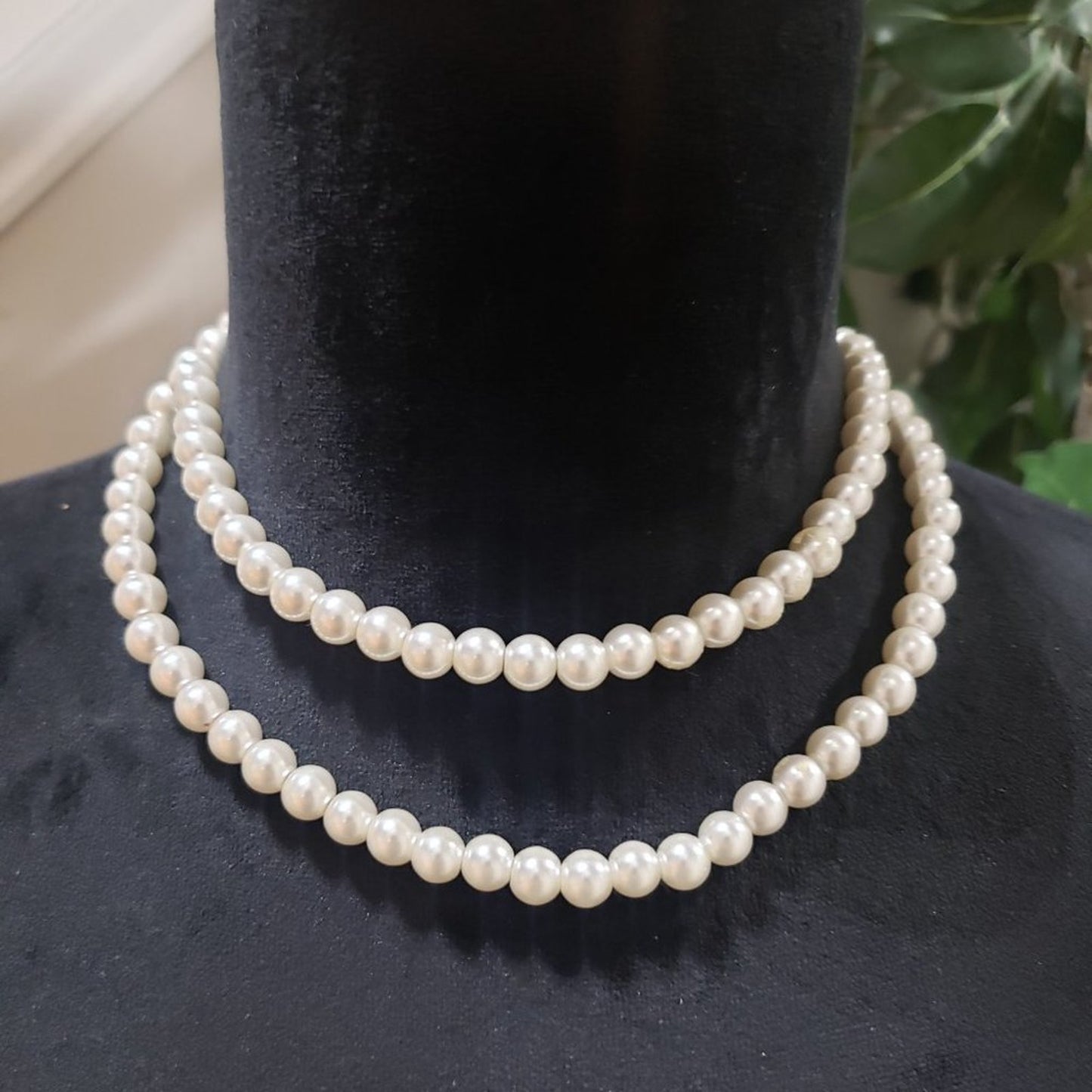 Womens Fashion Double Strand Chunky Faux Pearl Beaded Choker Necklace w/ Lobster