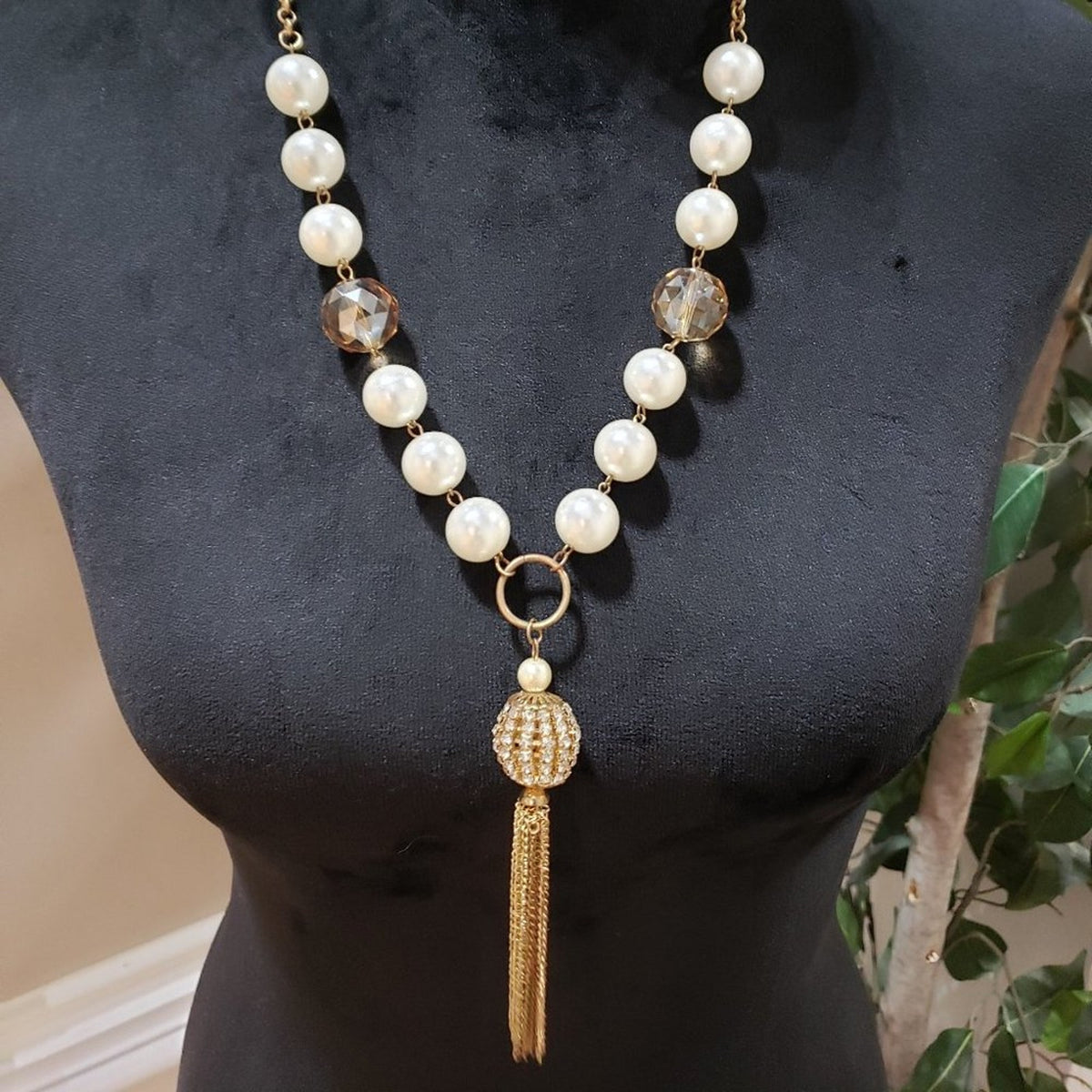 Womens Fashion Chunky Natural Freshwater Pearl Rhinestone Beads Tassel Necklace