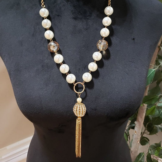 Womens Fashion Chunky Natural Freshwater Pearl Rhinestone Beads Tassel Necklace