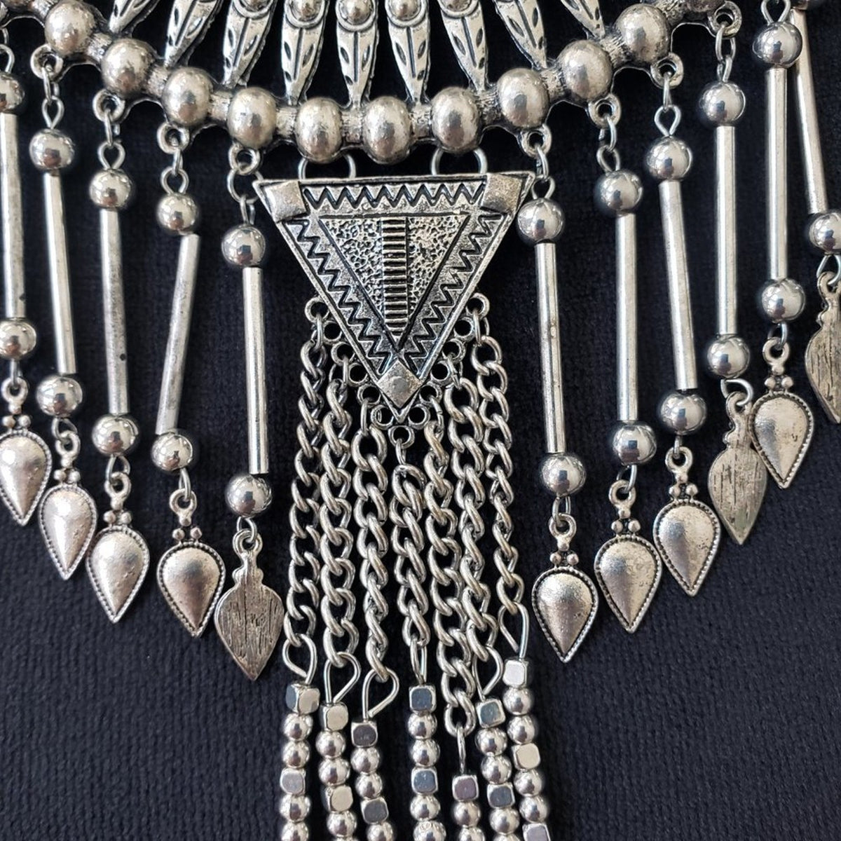Women African Bohemian Style Antiqued Silver Tone Tassel Statement Bib Necklace