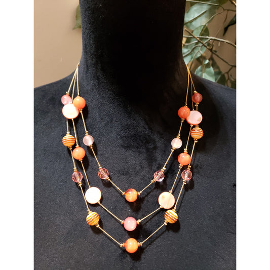 Womens Fashion Three Strand Coral Died Shell and Glass Beads Station Necklace