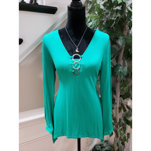 NY Collection Women's Green O-Ring Front V Neck Asymmetrical Top Blouse Small