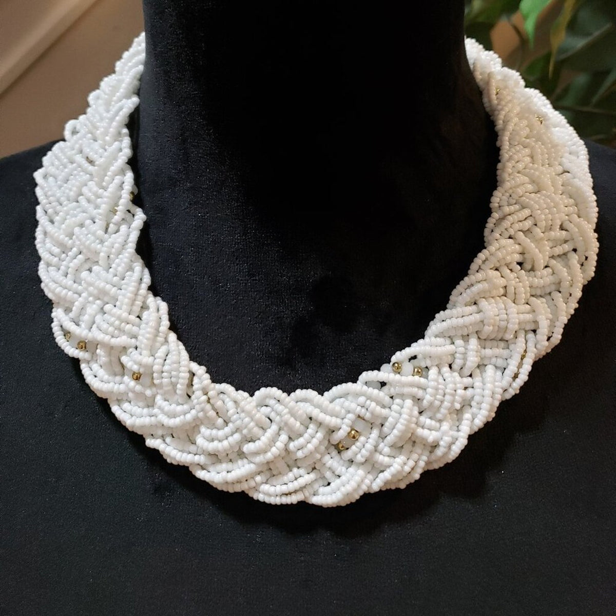 Womens White Braided Seed Beaded Multiple Layers Necklace with Lobster Clasp