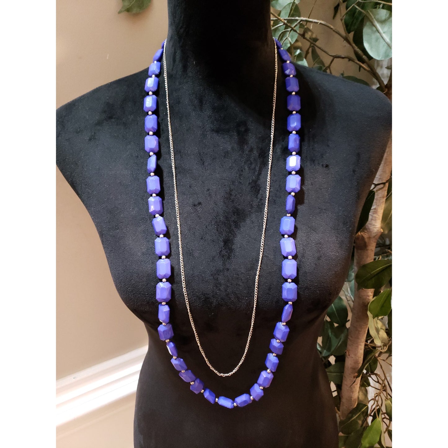 Women Fashion 2 Strand Blue Plastic Faceted Beads Link Chain Necklace w/ Lobster