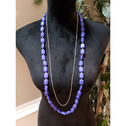 Women Fashion 2 Strand Blue Plastic Faceted Beads Link Chain Necklace w/ Lobster