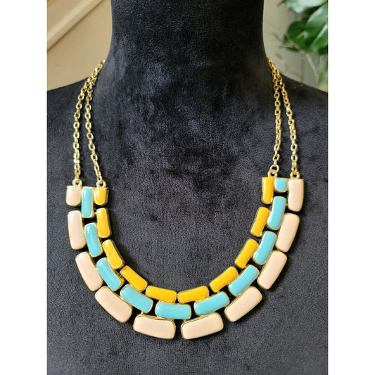 Turquoise Yellow Cream Multi Strand Geometric Beaded Statement Necklace