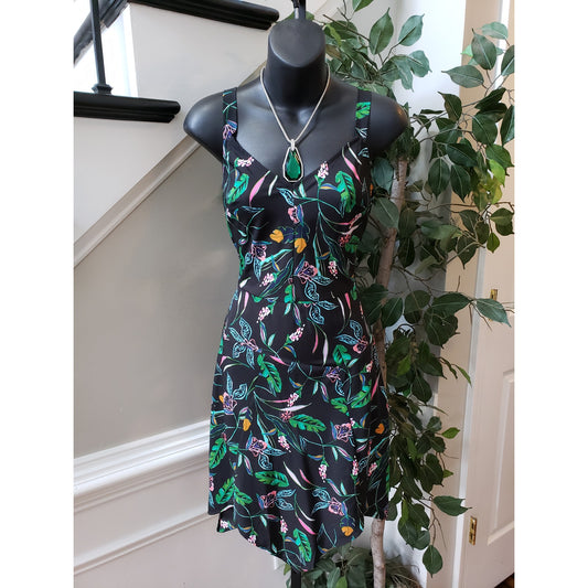A New Day Asymmetrical Handkerchief Hem Dress Womens XS Black Palm Leaf Side Zip