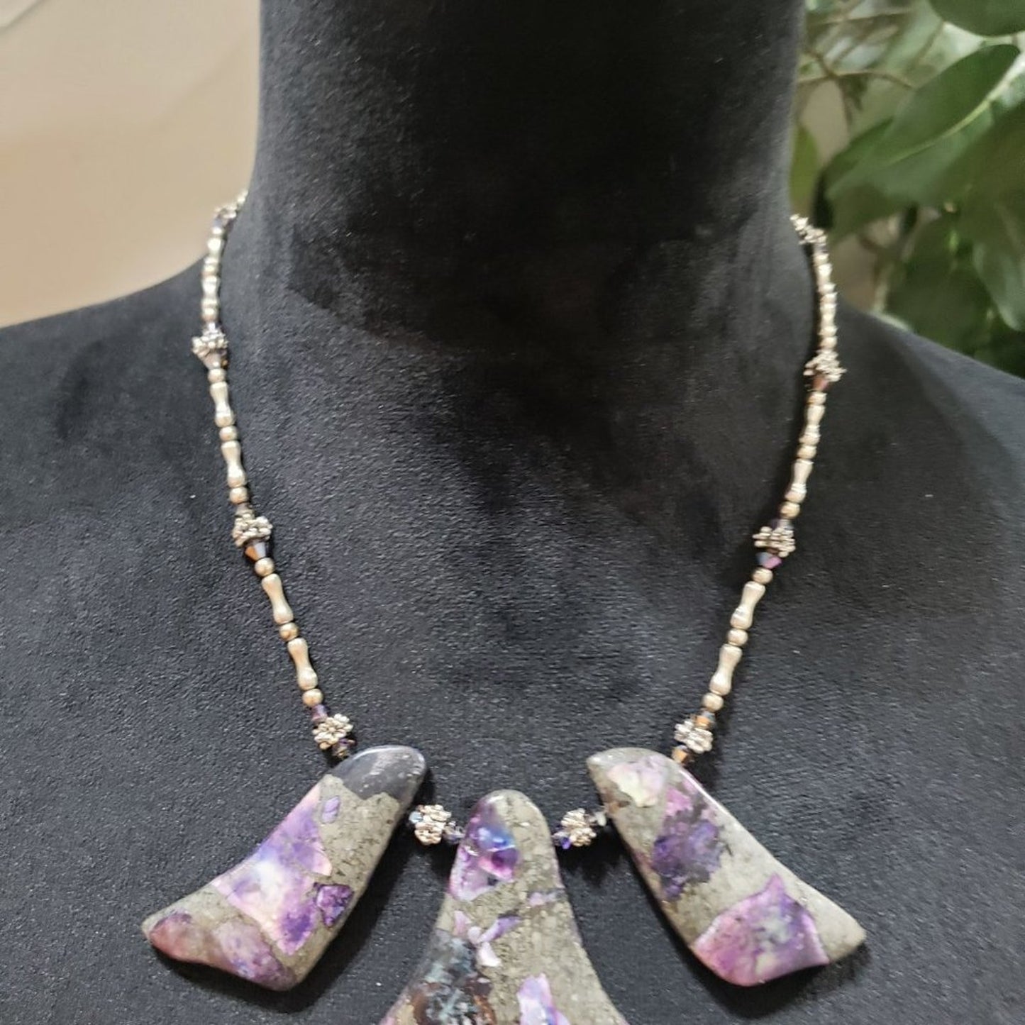 Women Purple Impression Jasper Stone Hematite Beaded Necklace with Hook & Eye
