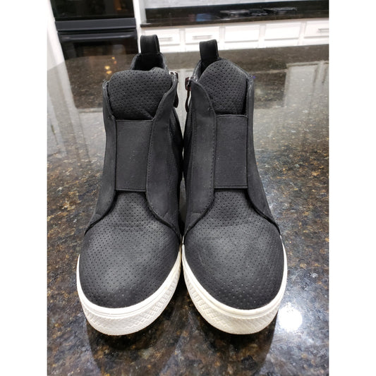Ccocci Wedge Sneakers Women Size 8 Black Faux Leather Comfort Round Toe Side Zip