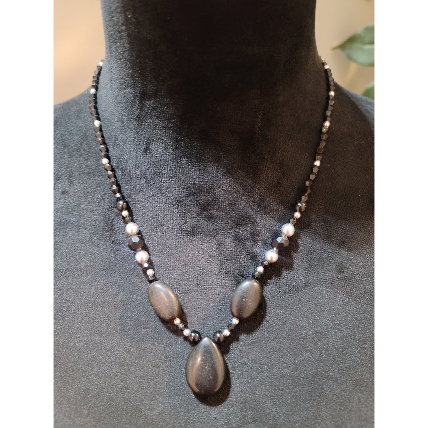 Women's Black Beaded Necklace With Teardrop Pendant And Lobster Clasp Lock