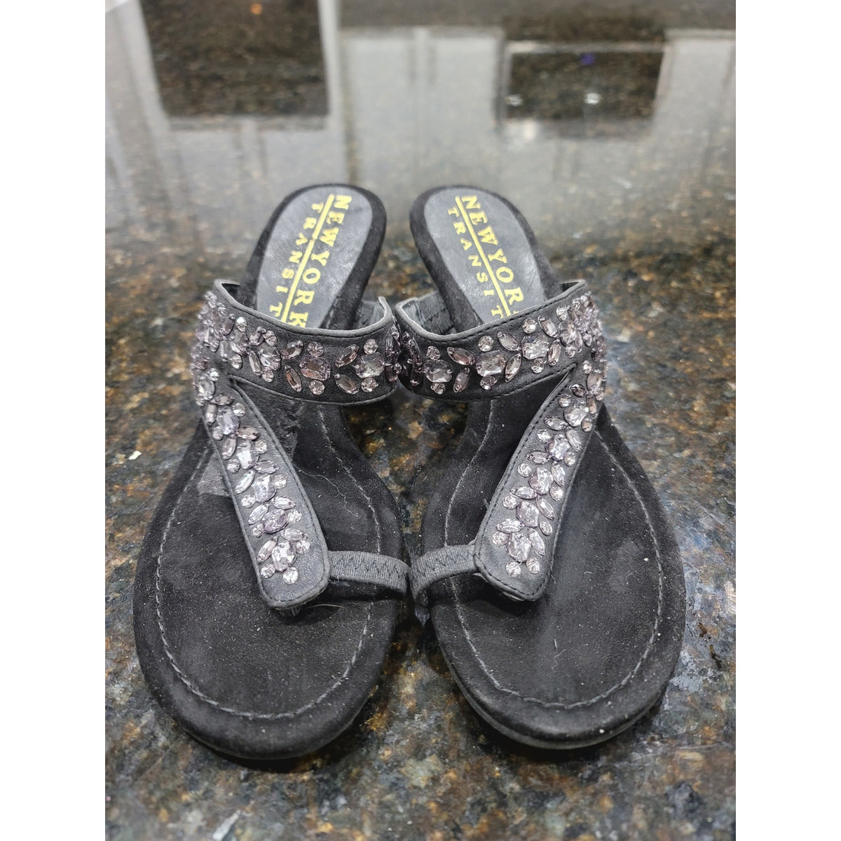 New York Transit Bling Wedge Sandals Womens Size 8M Black Crystal Stone Slip On