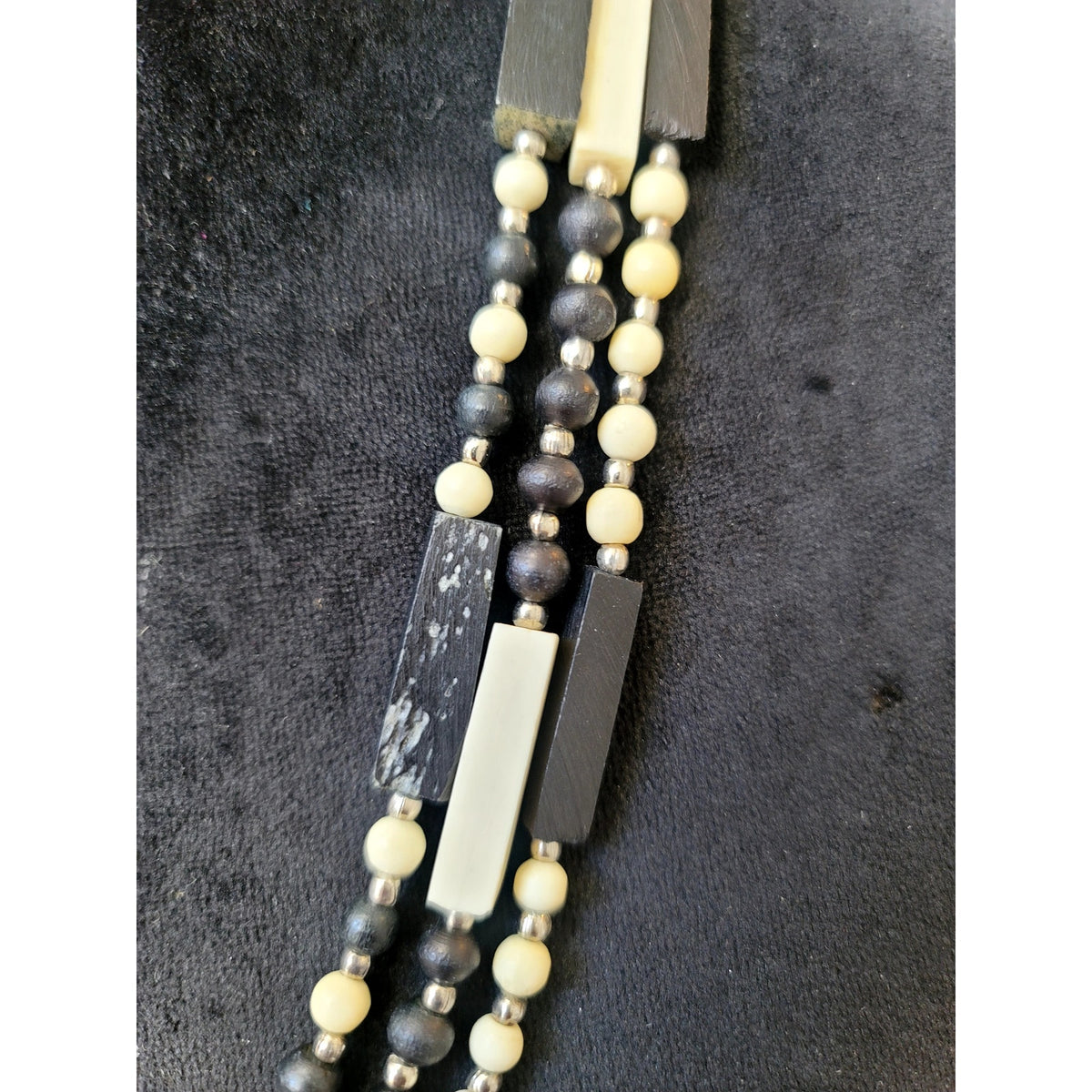 Black White Multi-Strand Beaded Necklace Geometric Layered Statement Boho