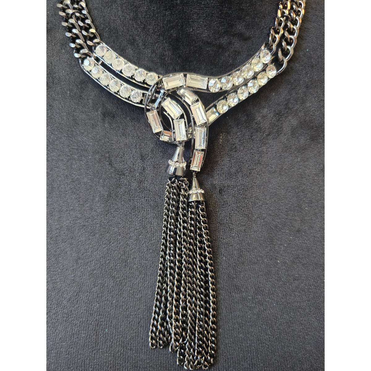 Jio Gunmetal Tone Tassel Chain Rhinestones Accent Statement Necklace for Womens