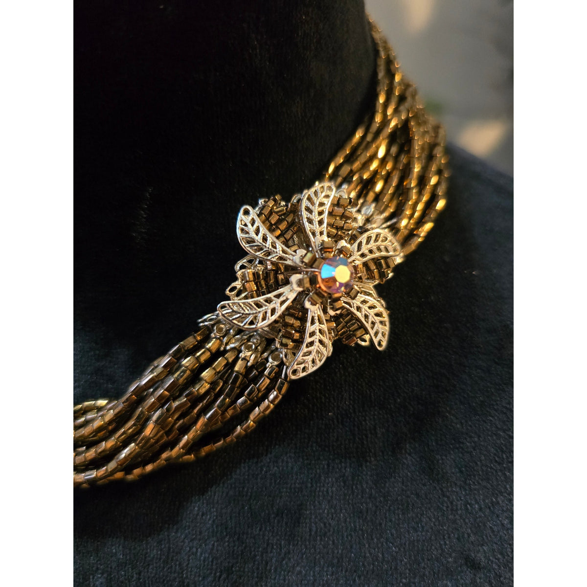 Women's Gold Tone Multi Strand Beaded Necklace Floral Rhinestone Magnet Accent