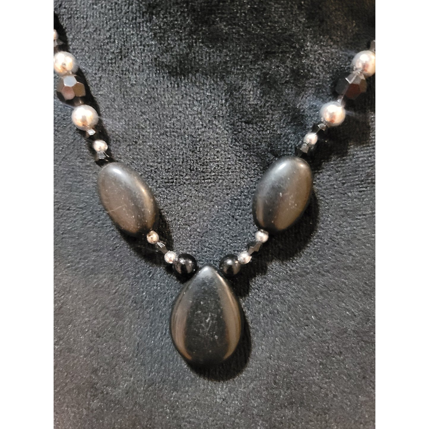 Women's Black Beaded Necklace With Teardrop Pendant And Lobster Clasp Lock