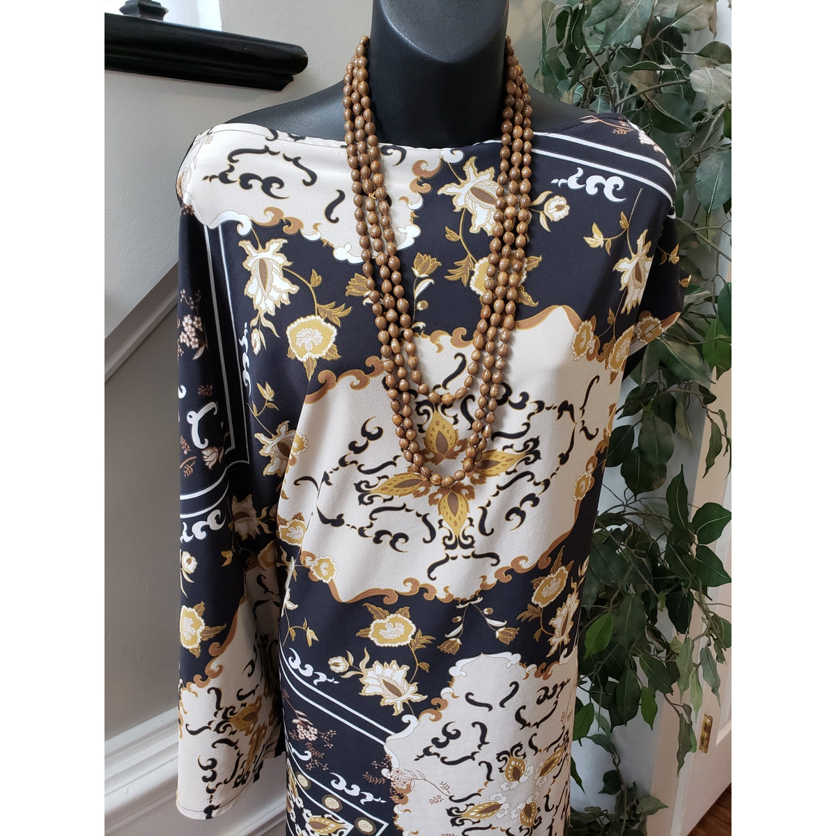 Moosta Midi Dress Women Size 2X Black Beige Baroque Print Long Sleeve Boho