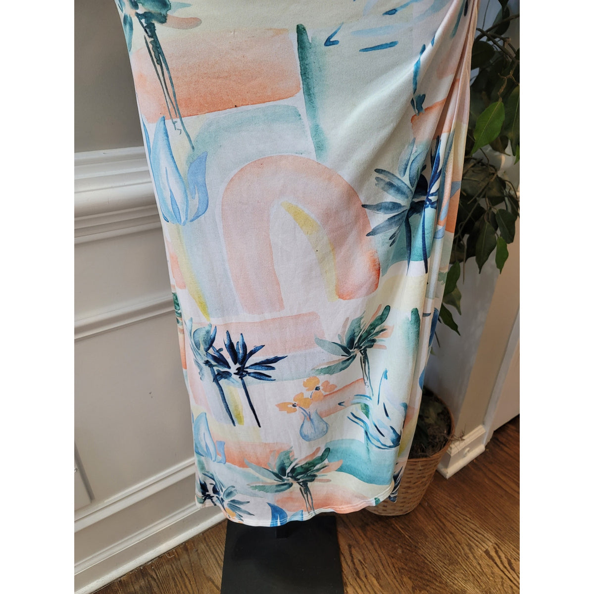 ASOS Midi Dress Women's 12 Multi Stretch Tropical Palm Tree Knot Front Ruched