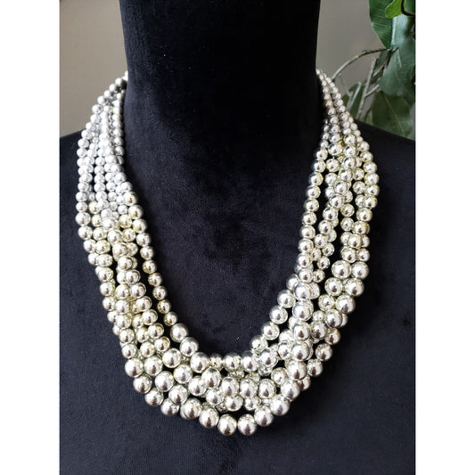 Women's Silver Multi-Strand Beaded Necklace Statement Lobster Clasp Layered