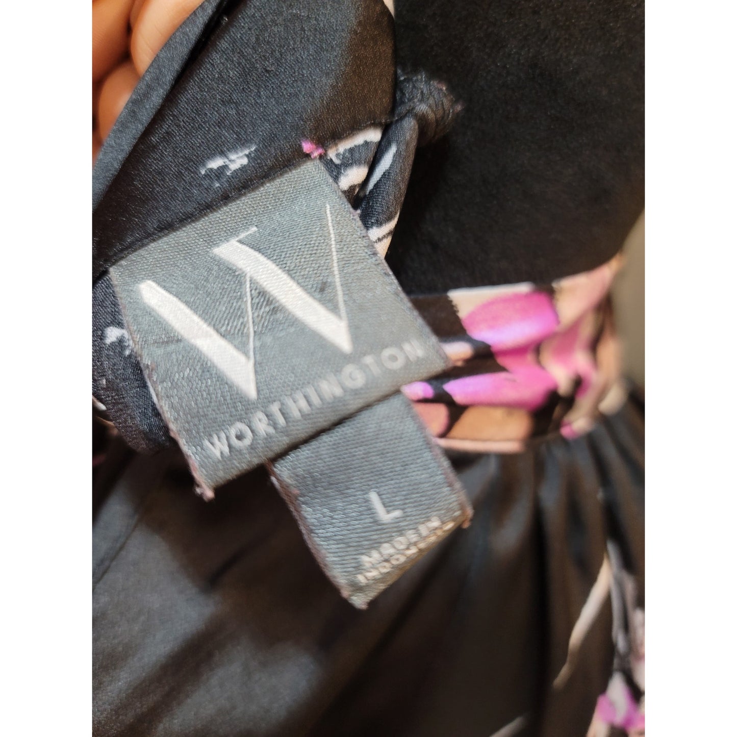 Worthington Blouse Women's Size Large Black Pink Floral Long Sleeve Top
