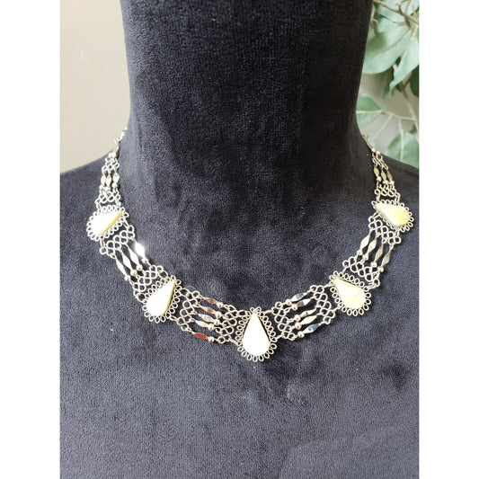 Women's Vintage Yellow Teardrop Stone Necklace Hook Clasp Silver Filigree